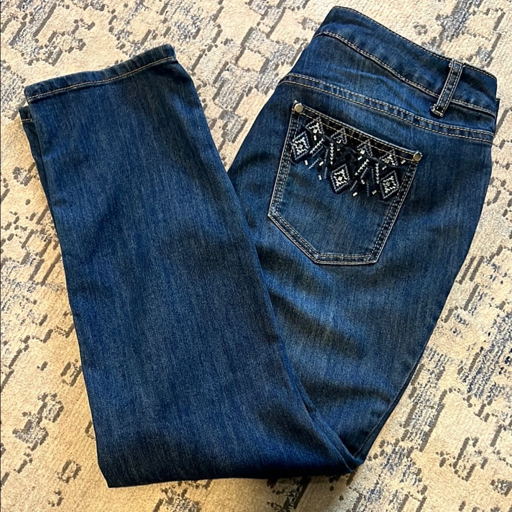 Christopher & Banks Embroidered Pocket Blue Denim Jeans 10 Short
